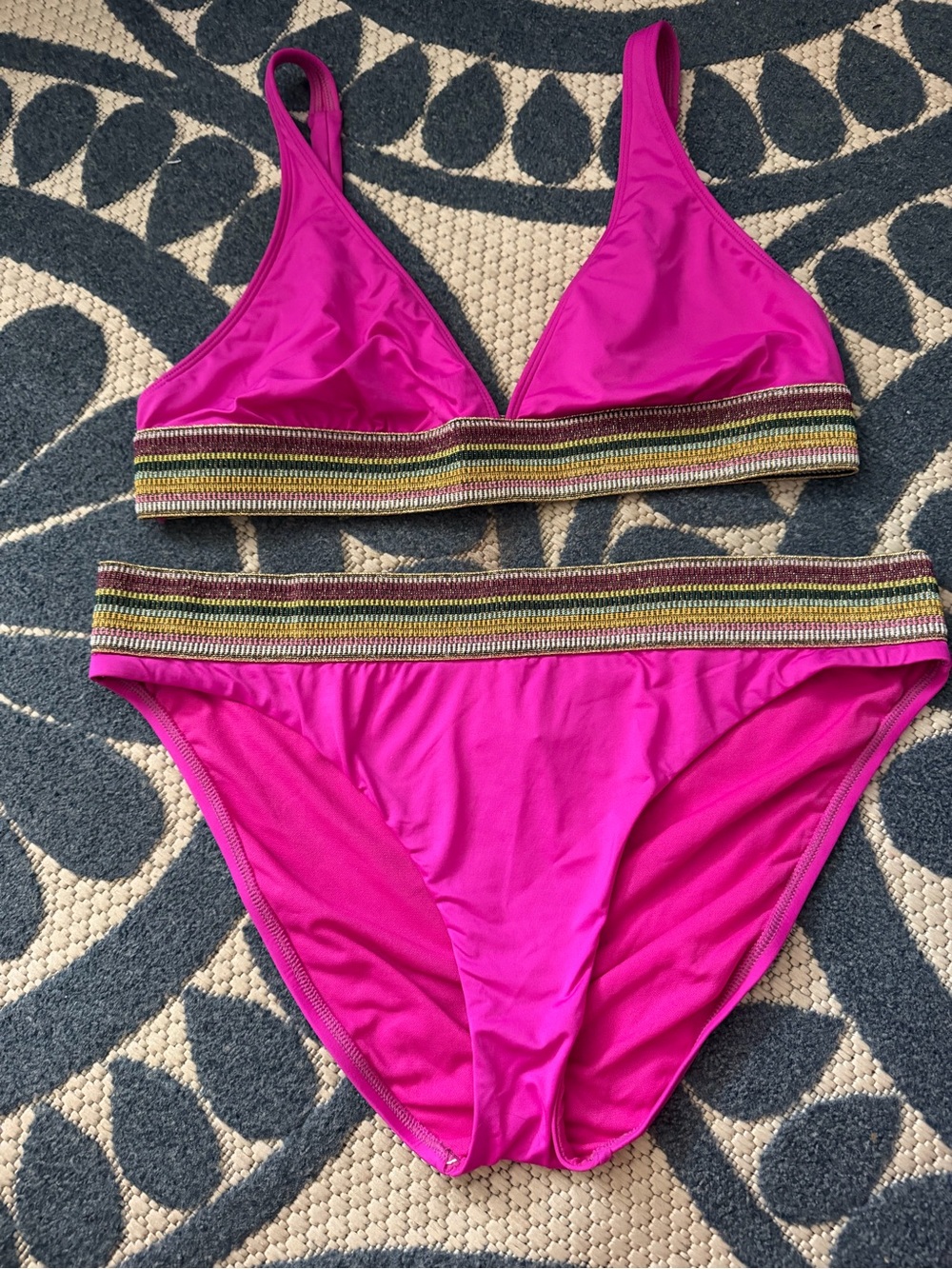 Hot Pink Two-Piece Bikini with Metallic Stripe Band